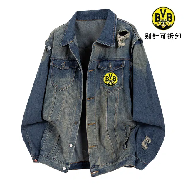 普鲁士多特蒙德 美式高街痞帅破洞毛边设计感可拆卸别针高级感水洗做旧工装风宽松休闲落肩长袖牛仔外套 男女同款