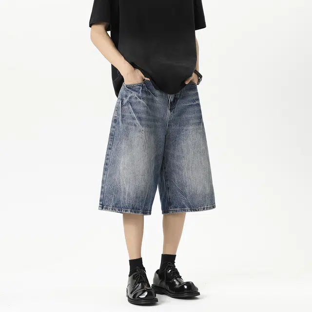 普鲁士多特蒙德 美式高街复古潮流时尚闪电做旧水洗高级感透气宽松百搭舒适纯色七分牛仔短裤 男女同款