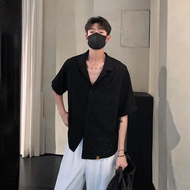 普鲁士多特蒙德 无性别主义高街风古巴领法式慵懒风时尚百搭肌理感镂空性感时尚宽松短袖衬衫 男女同款