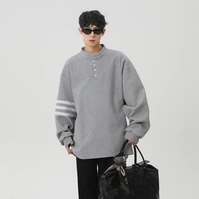 普鲁士多特蒙德 学院风美式胸针可拆卸三条杠垂感潮流纯色复古小众个性设计高级感透气上衣百搭无性别主义圆领长袖卫衣 男女同款