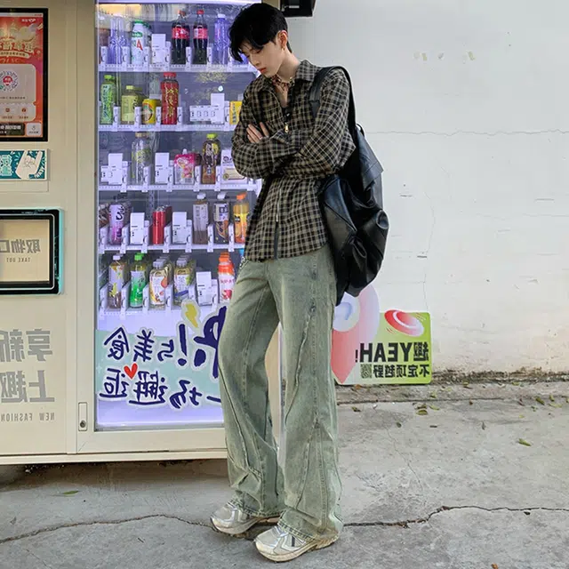 普鲁士多特蒙德 美式小众设计感拼接休闲裤男夏季潮牌高街宽松直筒长裤子潮流时尚百搭痞帅牛仔裤 男女同款