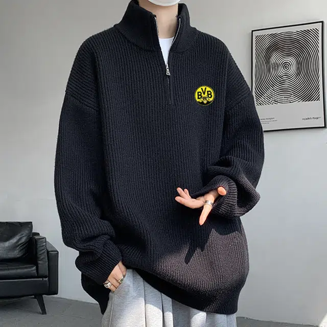 普鲁士多特蒙德 潮牌高街针织男士立领半拉链开衫上衣外套百搭休闲舒适防静电保暖毛衣 男女同款