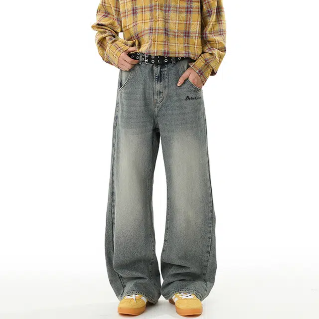 普鲁士多特蒙德 美式高街潮牌舒适宽松长裤复古简约印花设计日常通勤百搭休闲牛仔裤 男女同款