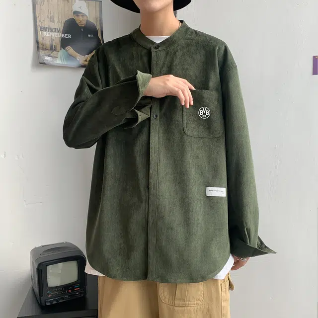 普鲁士多特蒙德 美式高街简约纯色宽松学院风立领长袖衬衫 男女同款