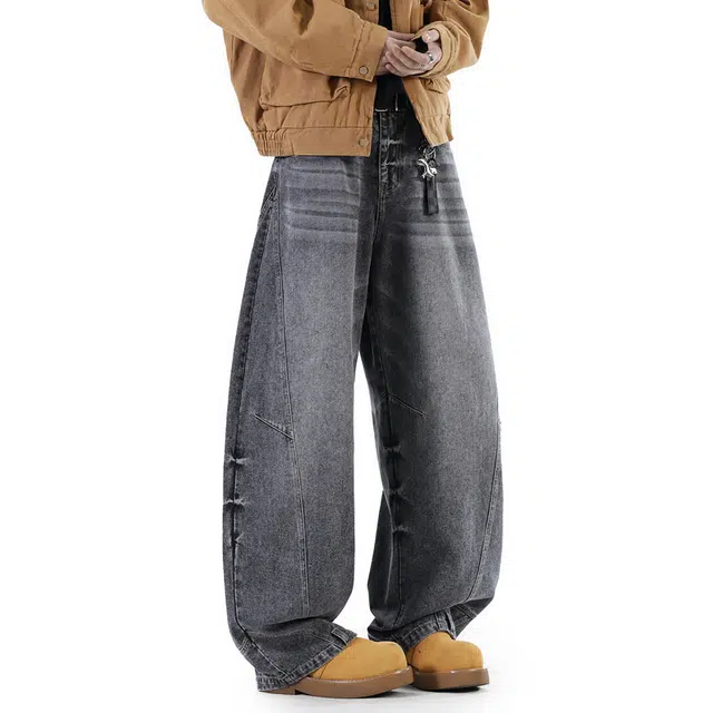 普鲁士多特蒙德 裤子反这穿美式高街风水洗做旧拼接解构阔腿长裤无性别主义亲肤柔软不硬宽松直筒百搭弯刀休闲牛仔裤 男女同款
