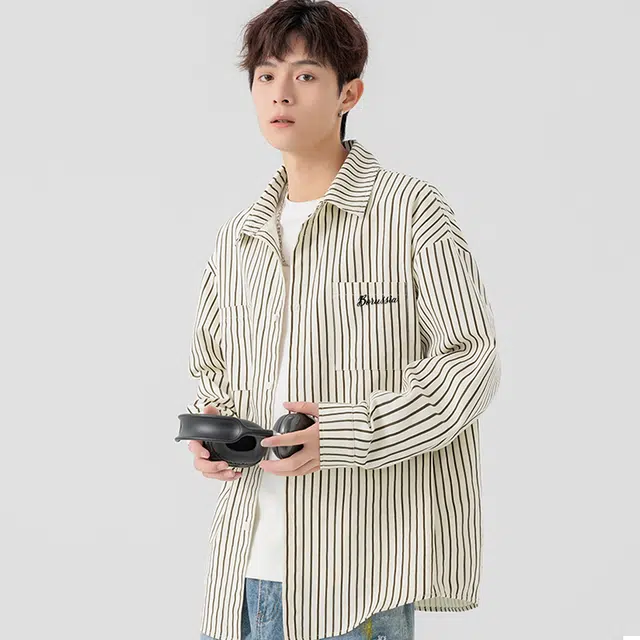 普鲁士多特蒙德 日系条纹撞色小众个性设计高级感上衣百搭无性别主义宽松翻领长袖衬衫 男女同款