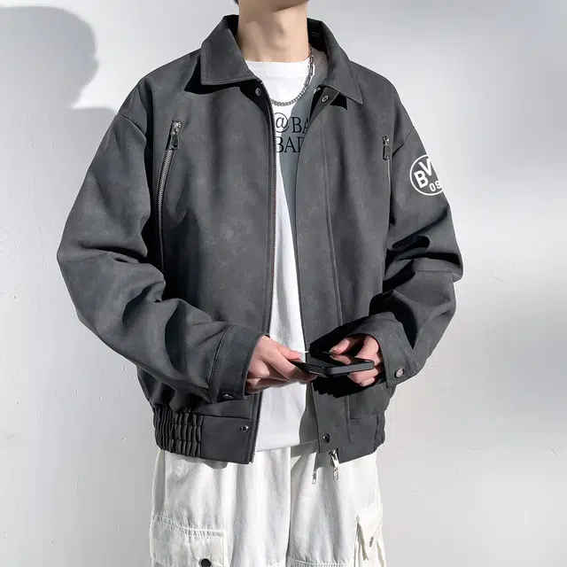 普鲁士多特蒙德 美式复古设计宽松休闲百搭基础时尚个性舒适学院风拉链翻领飞行皮夹克外套 男女同款
