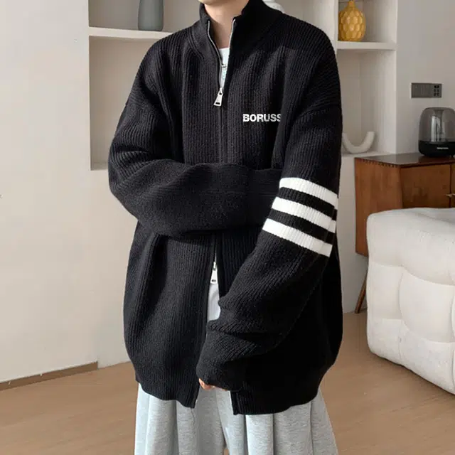 普鲁士多特蒙德 美式复古拼接条纹三杠时尚基础款高级感宽松百搭拉链设计半高领慵懒长袖开衫毛衣 男女同款