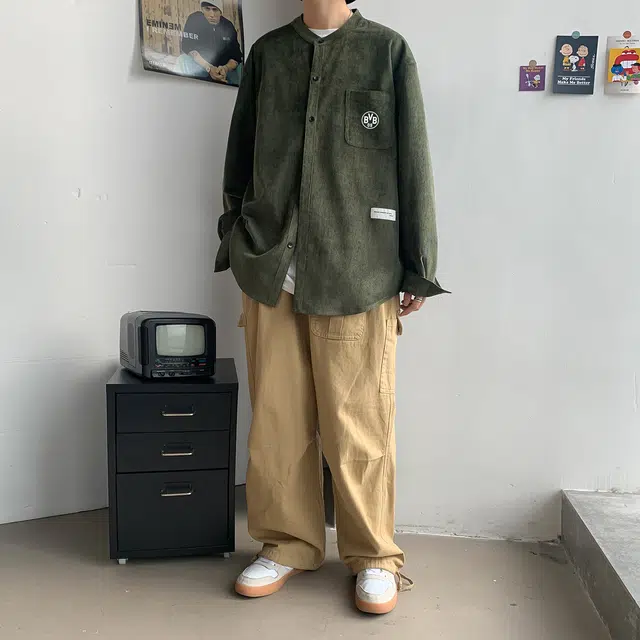 普鲁士多特蒙德 美式高街简约纯色宽松学院风立领长袖衬衫 男女同款