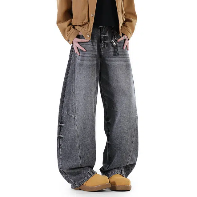 普鲁士多特蒙德 裤子反这穿美式高街风水洗做旧拼接解构阔腿长裤无性别主义亲肤柔软不硬宽松直筒百搭弯刀休闲牛仔裤 男女同款