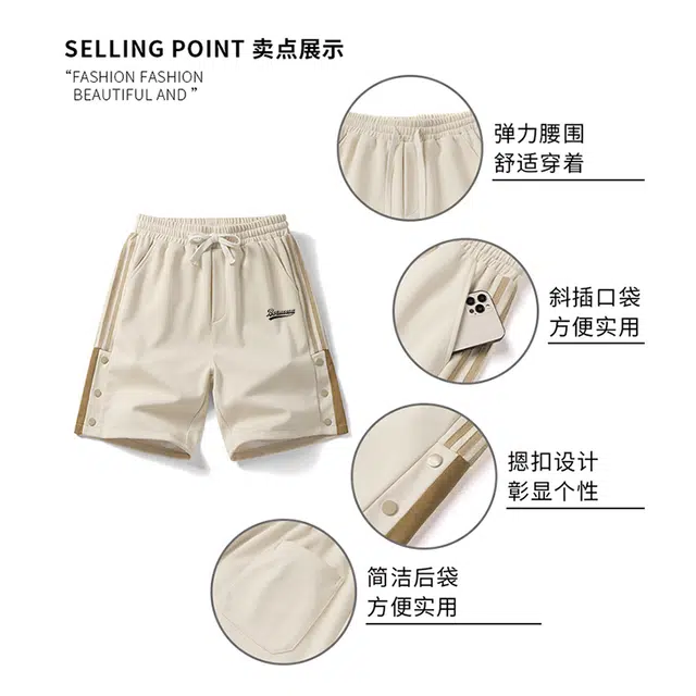 普鲁士多特蒙德 条纹拼接潮流裤脚纽扣小众设计直筒裤宽松五分慵懒美式街头户外百搭休闲短裤 男女同款