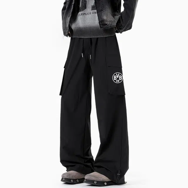 普鲁士多特蒙德 美式潮牌宽松舒适百搭工装长裤直筒多口袋印花设计简约纯色阔腿休闲裤 男女同款