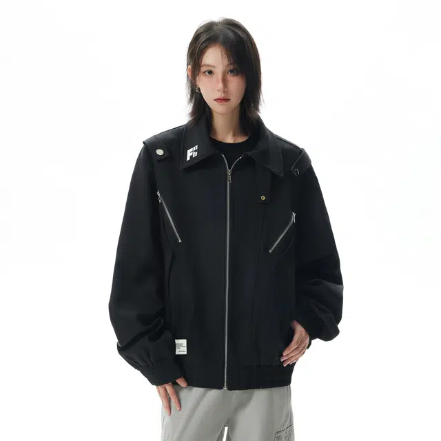 普鲁士多特蒙德 美式高街风拼接解构品牌字母印花哈林顿机能风外套暗黑先锋金属拉链装饰痞帅短款廓形潮牌时尚翻领工装休闲夹克 男女同款