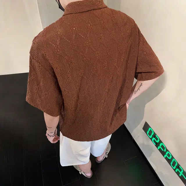 普鲁士多特蒙德 无性别主义高街风古巴领法式慵懒风时尚百搭肌理感镂空性感时尚宽松短袖衬衫 男女同款