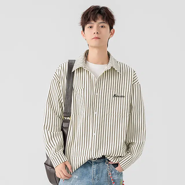 普鲁士多特蒙德 日系条纹撞色小众个性设计高级感上衣百搭无性别主义宽松翻领长袖衬衫 男女同款