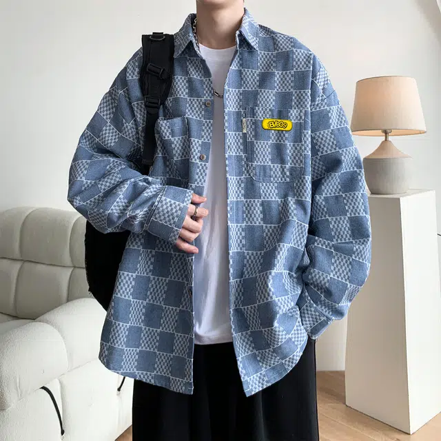 普鲁士多特蒙德 美式学院风单排扣翻领多口袋设计宽松休闲小众日常百搭格子长袖衬衫 男女同款