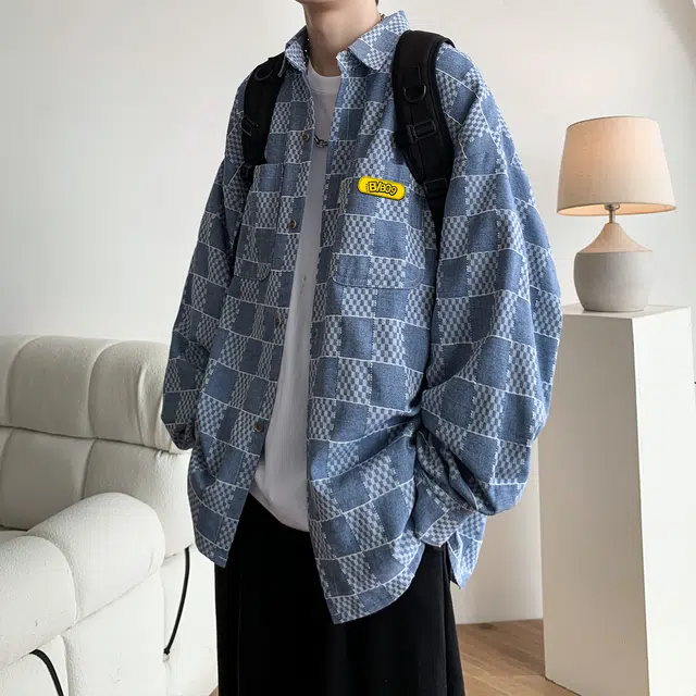 普鲁士多特蒙德 美式学院风单排扣翻领多口袋设计宽松休闲小众日常百搭格子长袖衬衫 男女同款