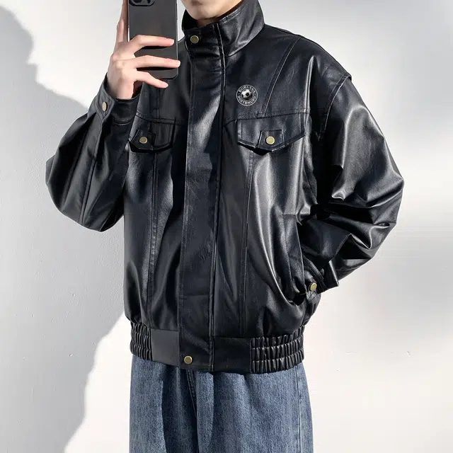普鲁士多特蒙德 美式高街潮牌复古纯色拼接高级感飞行员机车风设计柔软宽松舒适休闲立领皮夹克 男女同款