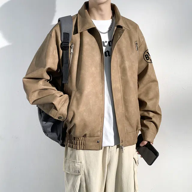 普鲁士多特蒙德 美式复古设计宽松休闲百搭基础时尚个性舒适学院风拉链翻领飞行皮夹克外套 男女同款