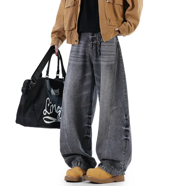普鲁士多特蒙德 裤子反这穿美式高街风水洗做旧拼接解构阔腿长裤无性别主义亲肤柔软不硬宽松直筒百搭弯刀休闲牛仔裤 男女同款