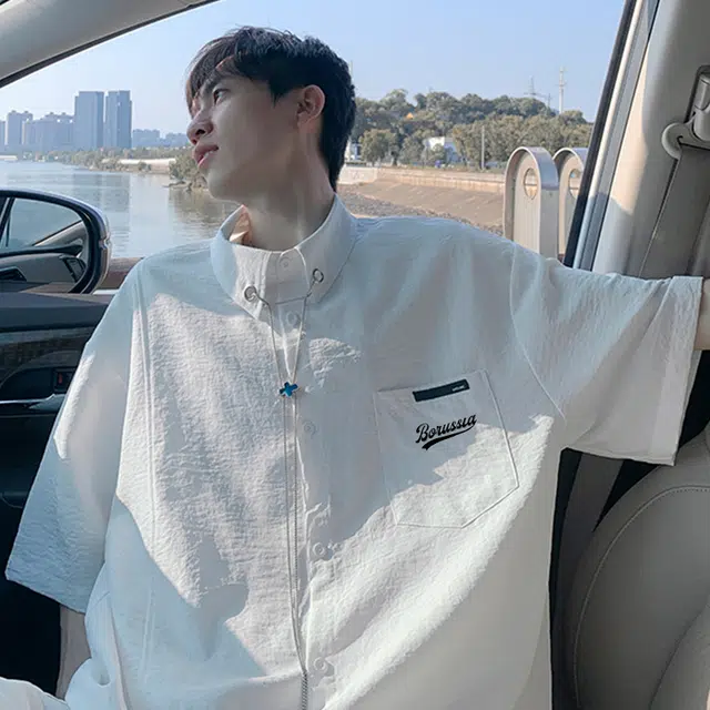 普鲁士多特蒙德 美式潮牌纯色口袋字母拼接小众设计感潮流休闲舒适柔软宽松百搭透气短袖衬衫 男女同款