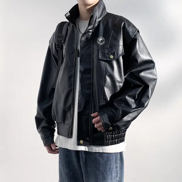 普鲁士多特蒙德 美式高街潮牌复古纯色拼接高级感飞行员机车风设计柔软宽松舒适休闲立领皮夹克 男女同款