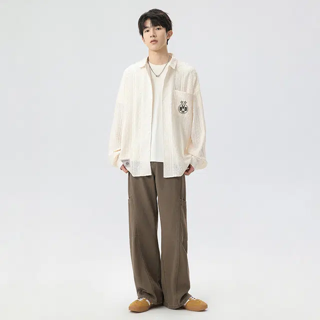 普鲁士多特蒙德 美式复古高街风纯色慵懒风小众衬衣队徽字母印花镂空设计感提花痞帅潮牌宽松长袖翻领衬衫 男女同款