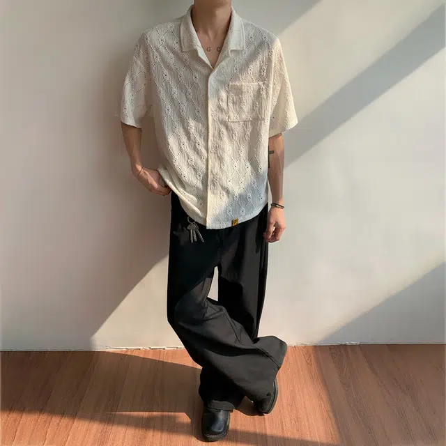普鲁士多特蒙德 无性别主义高街风古巴领法式慵懒风时尚百搭肌理感镂空性感时尚宽松短袖衬衫 男女同款