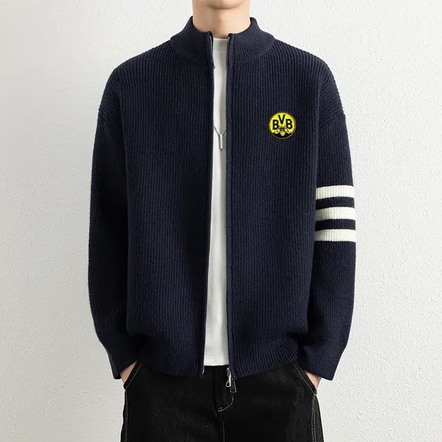 普鲁士多特蒙德 港风潮牌高街双拉链学生简约纯色提花针织外套防静电男宽松百搭情侣休闲开衫毛衣 男女同款