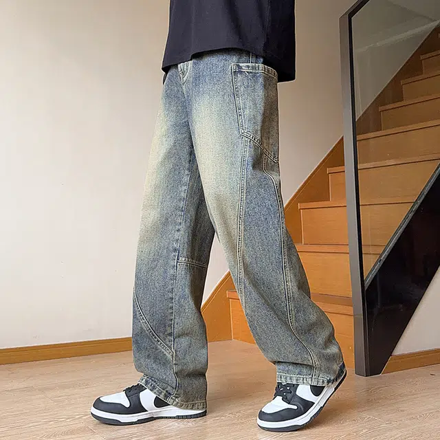 普鲁士多特蒙德 美式复古潮牌舒适简约渐变耐脏直筒显高显瘦宽松高街百搭休闲无视腿型牛仔裤 男女同款