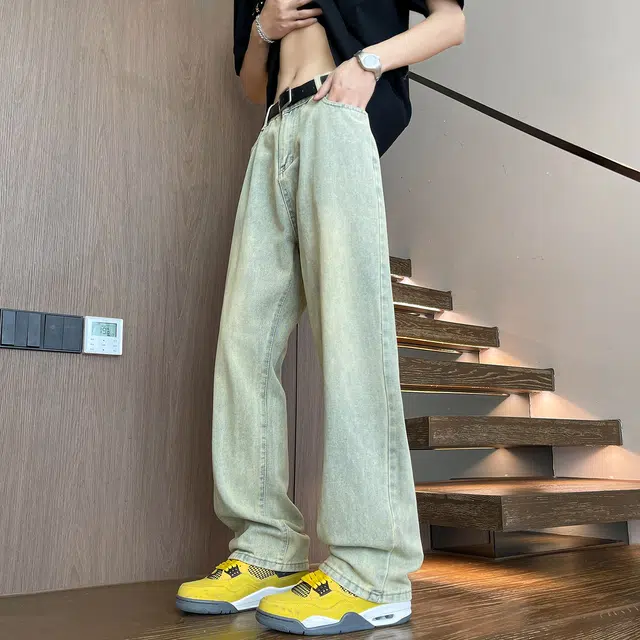 普鲁士多特蒙德 美式复古高街废土风水洗做旧简约透气垂感宽松百搭潮流时尚日常通勤直筒牛仔裤 男女同款