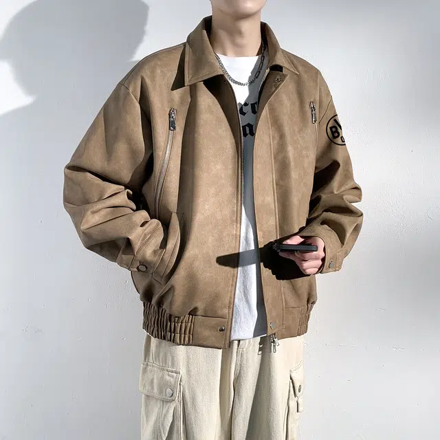 普鲁士多特蒙德 美式复古设计宽松休闲百搭基础时尚个性舒适学院风拉链翻领飞行皮夹克外套 男女同款
