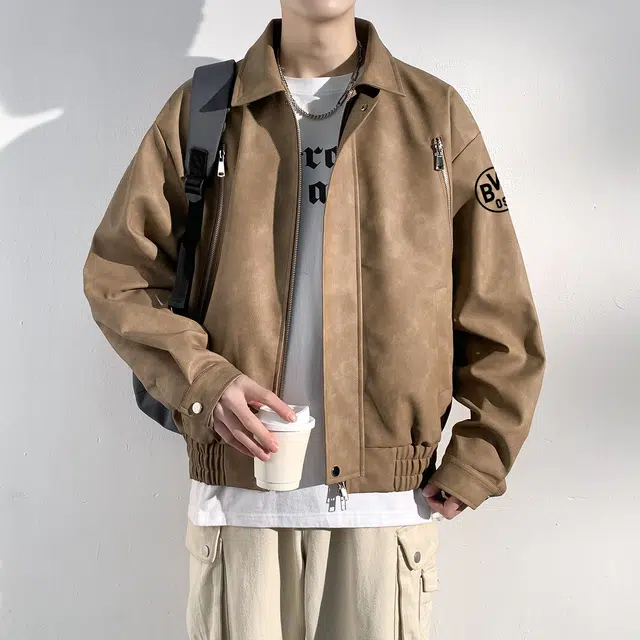 普鲁士多特蒙德 美式复古设计宽松休闲百搭基础时尚个性舒适学院风拉链翻领飞行皮夹克外套 男女同款