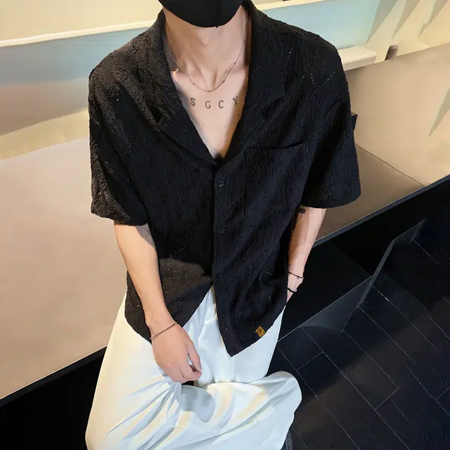 普鲁士多特蒙德 无性别主义高街风古巴领法式慵懒风时尚百搭肌理感镂空性感时尚宽松短袖衬衫 男女同款