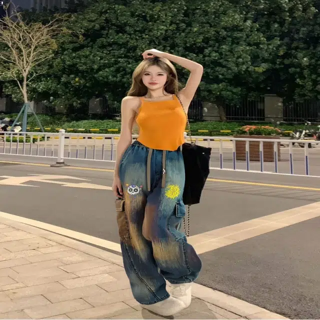 普鲁士多特蒙德 美式复古高街学院风口袋骷髅头印花扎染时尚做旧系带休闲百搭工装牛仔裤 男女同款