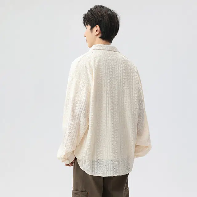 普鲁士多特蒙德 美式复古高街风纯色慵懒风小众衬衣队徽字母印花镂空设计感提花痞帅潮牌宽松长袖翻领衬衫 男女同款