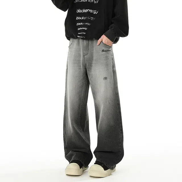 普鲁士多特蒙德 美式复古通勤水洗做旧个性高街长裤宽松直筒舒适阔腿休闲渐变设计牛仔裤 男女同款