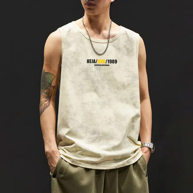 普鲁士多特蒙德 美式高街风字母印花百搭圆领套头宽松运动日常休闲通勤水洗做旧无袖背心 男女同款