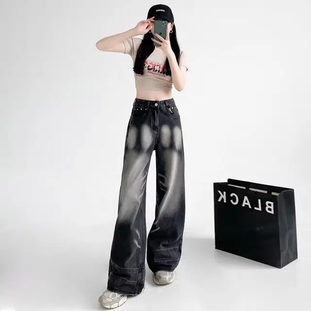 普鲁士多特蒙德 美式个性高街百搭舒适小众撞色设计渐变直筒休闲牛仔裤 男女同款