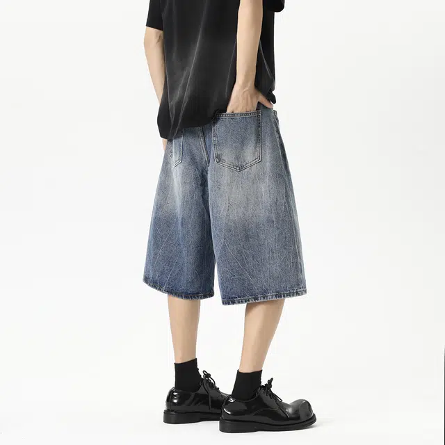 普鲁士多特蒙德 美式高街复古潮流时尚闪电做旧水洗高级感透气宽松百搭舒适纯色七分牛仔短裤 男女同款