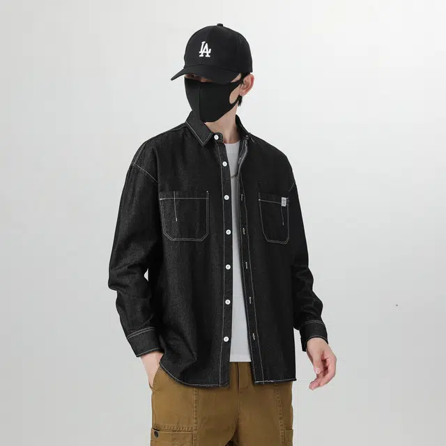 普鲁士多特蒙德 潮流美式复古痞帅牛仔衬衣男士休闲宽松舒适工装经典叠穿外套服装 上衣 衬衫 男女同款