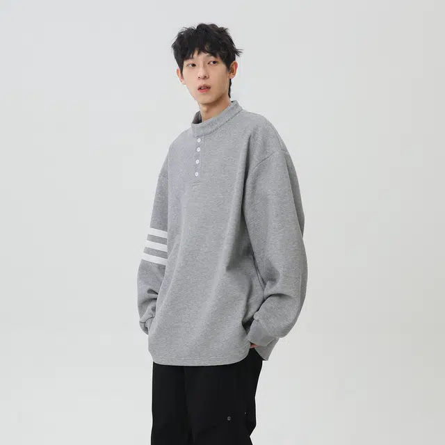 普鲁士多特蒙德 学院风美式胸针可拆卸三条杠垂感潮流纯色复古小众个性设计高级感透气上衣百搭无性别主义圆领长袖卫衣 男女同款