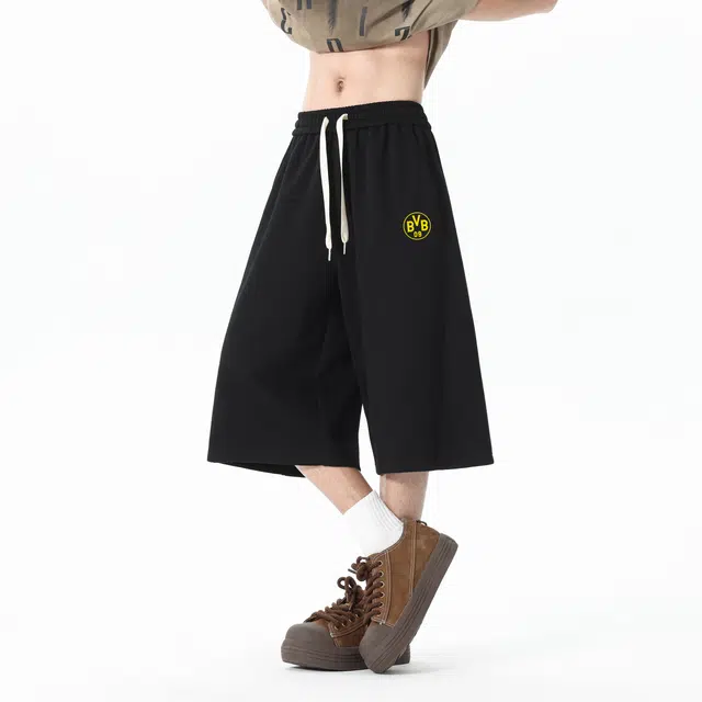 普鲁士多特蒙德 美式高街学院风纯色拼接印花宽松薄款透气七分休闲短裤 男女同款