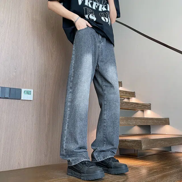 普鲁士多特蒙德 美式复古高街废土风水洗做旧简约透气垂感宽松百搭潮流时尚日常通勤直筒牛仔裤 男女同款