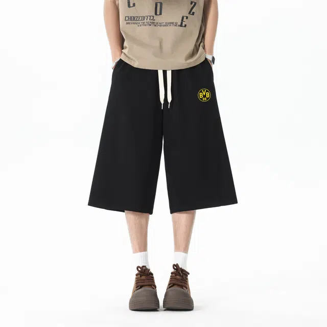 普鲁士多特蒙德 美式高街学院风纯色拼接印花宽松薄款透气七分休闲短裤 男女同款