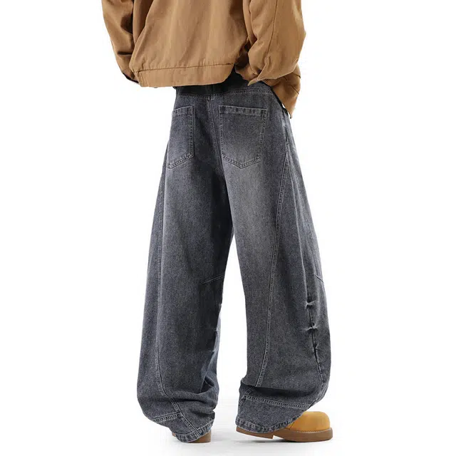 普鲁士多特蒙德 裤子反这穿美式高街风水洗做旧拼接解构阔腿长裤无性别主义亲肤柔软不硬宽松直筒百搭弯刀休闲牛仔裤 男女同款