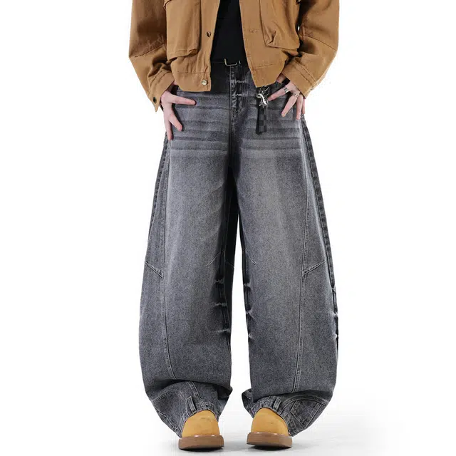 普鲁士多特蒙德 裤子反这穿美式高街风水洗做旧拼接解构阔腿长裤无性别主义亲肤柔软不硬宽松直筒百搭弯刀休闲牛仔裤 男女同款