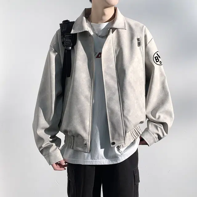 普鲁士多特蒙德 美式复古设计宽松休闲百搭基础时尚个性舒适学院风拉链翻领飞行皮夹克外套 男女同款