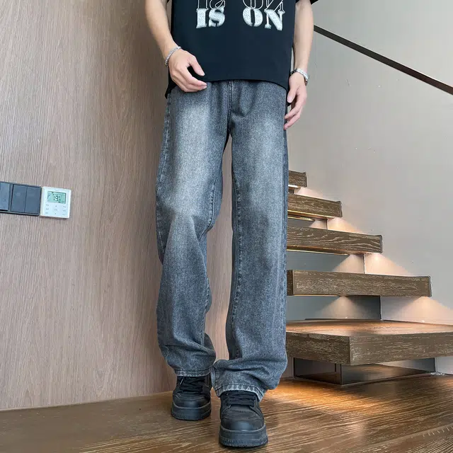 普鲁士多特蒙德 美式复古高街废土风水洗做旧简约透气垂感宽松百搭潮流时尚日常通勤直筒牛仔裤 男女同款