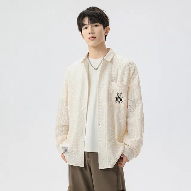 普鲁士多特蒙德 美式复古高街风纯色慵懒风小众衬衣队徽字母印花镂空设计感提花痞帅潮牌宽松长袖翻领衬衫 男女同款